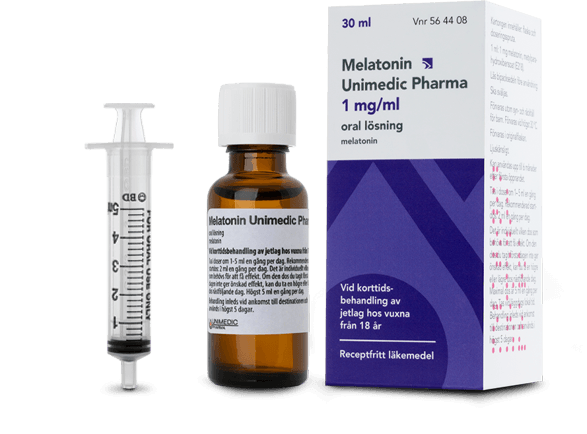 Melatonin Unimedic Pharma, köp på apotek – Flaska, doseringsspruta och förpackning